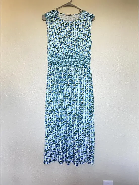 Boden THEA Floral Smocked MIDI SLEEVELESS Women 4 GREEN TAMBOURINE DAISIES - Picture 6 of 9